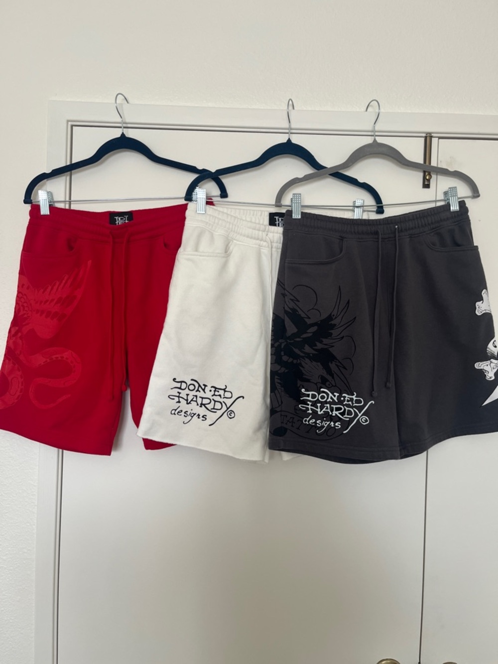 Ed Hardy Three-Pack Logo Graphic Shorts - Red, White, Charcoal